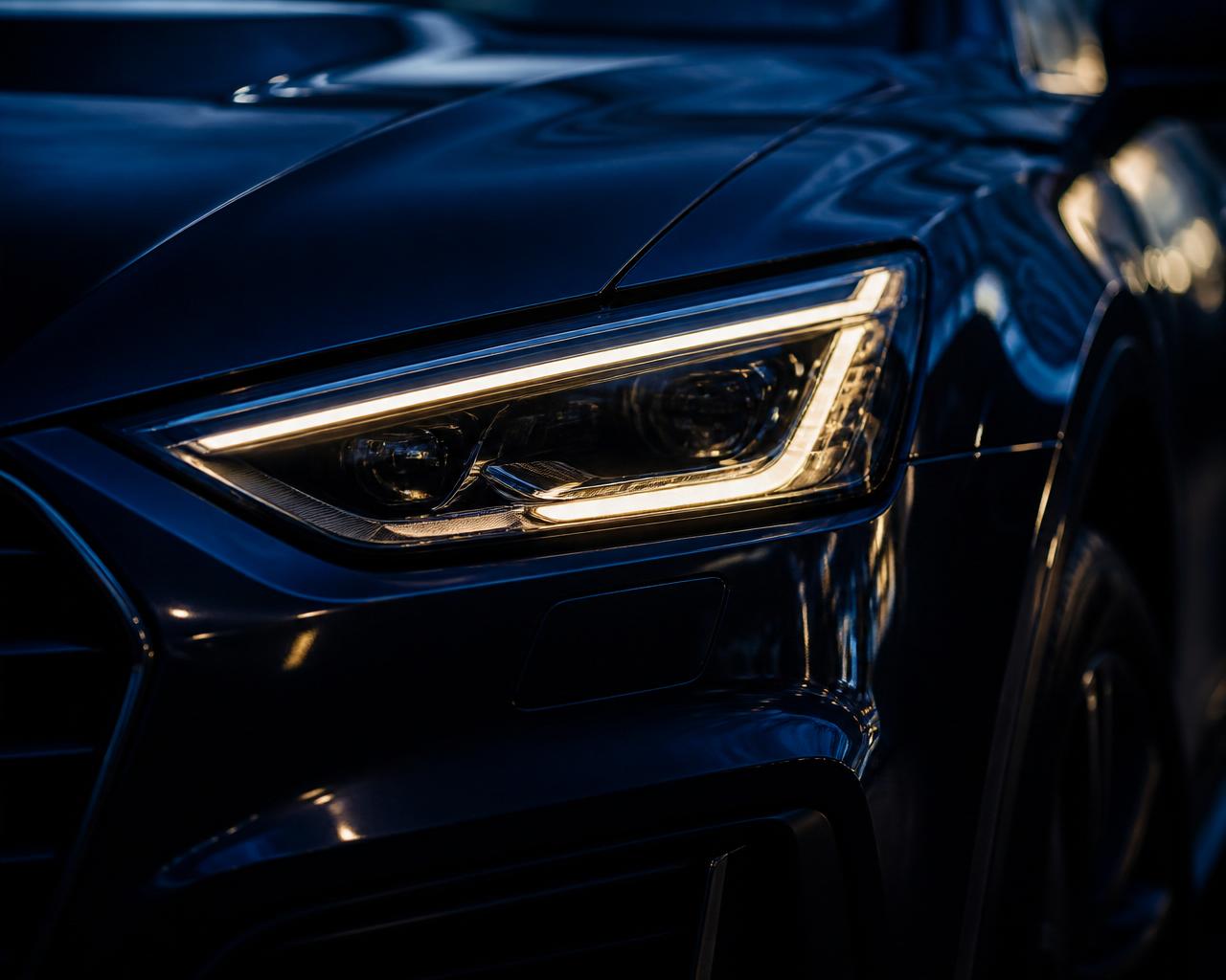 Detail of a modern car headlight at night
