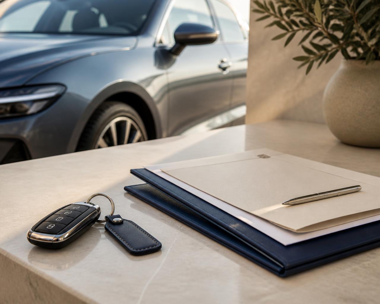 Car keys and finance documents on a stone desk