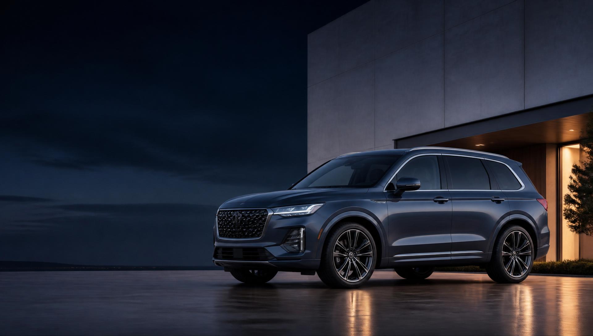 Premium SUV parked outside modern architecture at blue hour