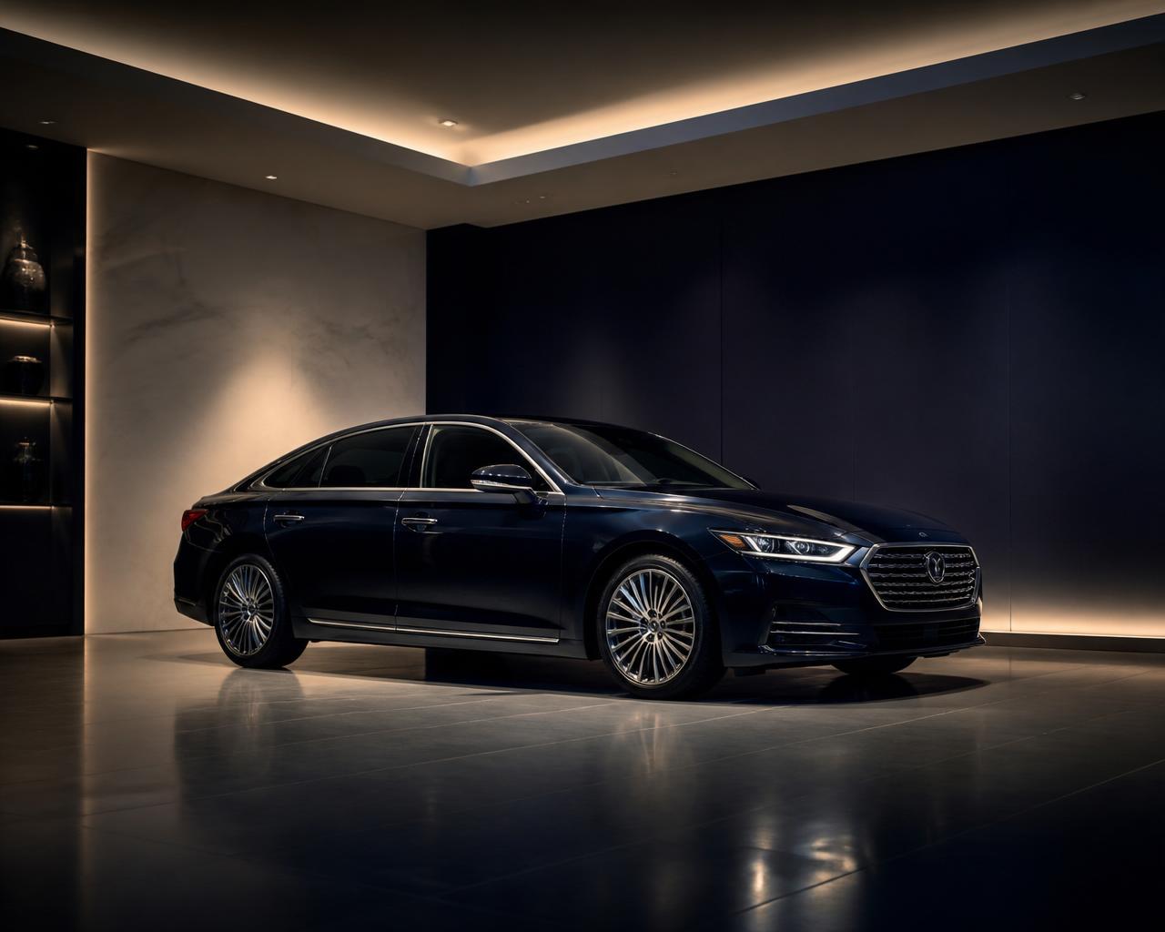 Dark sedan under showroom lighting